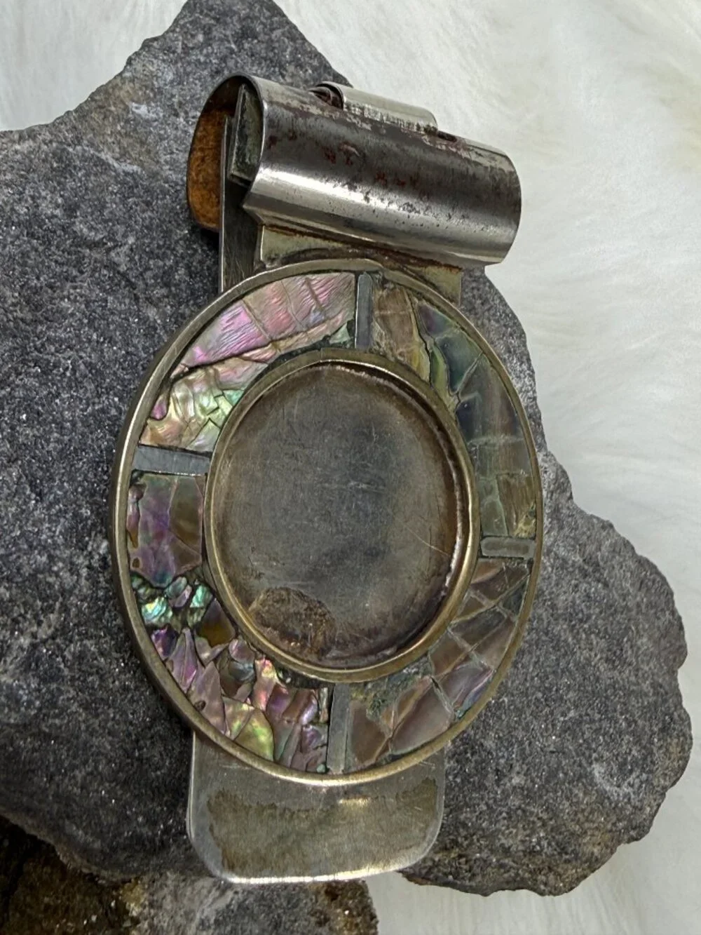 Vintage 900 Silver Abalone Shell Money Clip Mexico 16.71g